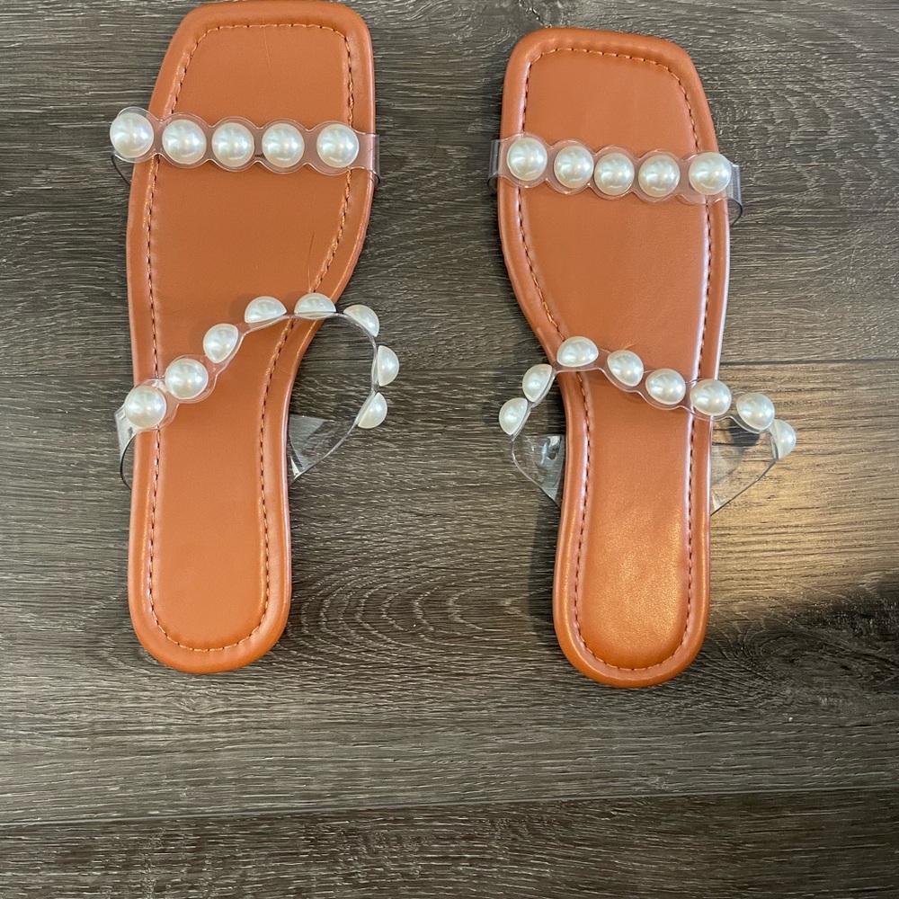 Elegant Tan Pearl-Embellished Sandals